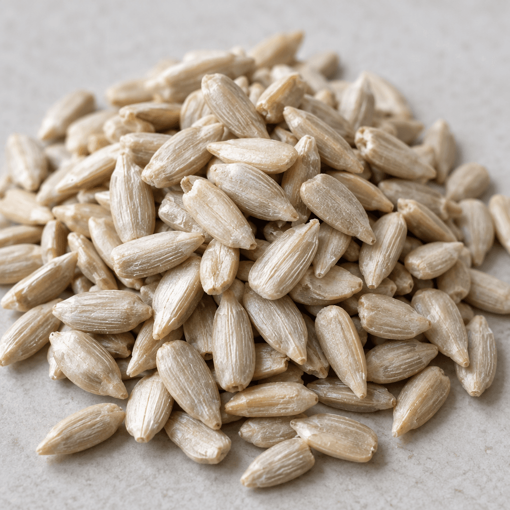 Pale ivory sunflower kernels lie scattered in a small mound, each narrow and teardrop-shaped with a smooth, faintly ridged surface.