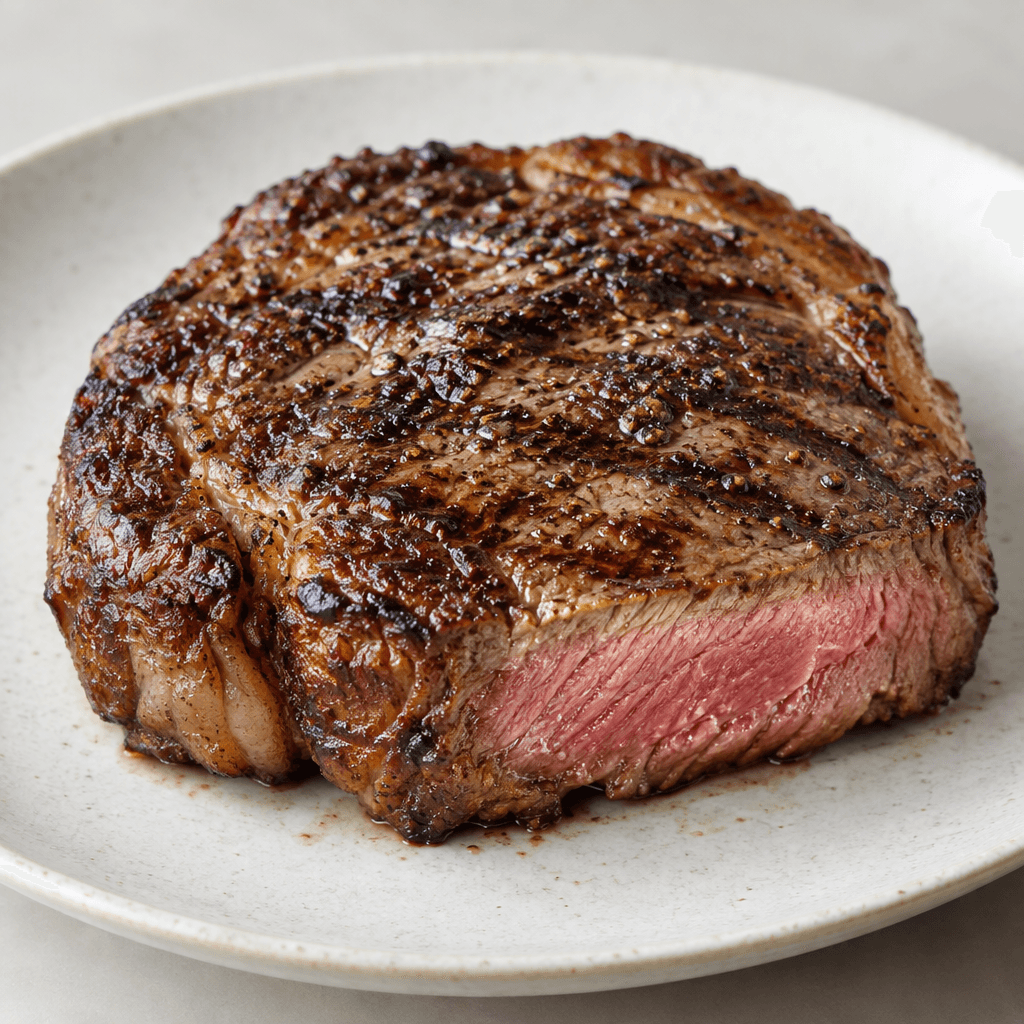 A thick, irregularly oval beef steak sits on a plate with a deeply browned crust, dark seared grill marks, and a moist rosy-pink interior visible along one cut edge.