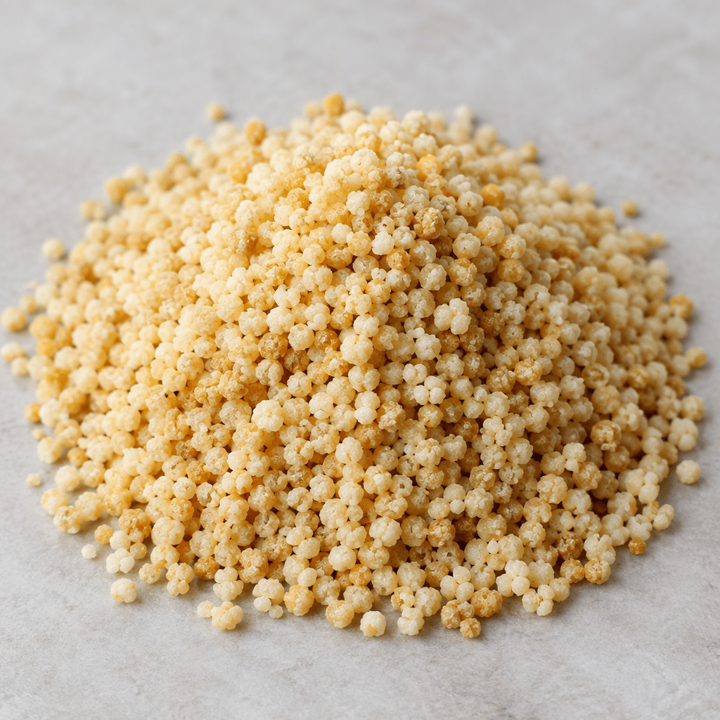 Small, dry, irregularly round semolina beads in a loose mound, ranging from pale cream to light golden brown with a slightly rough, matte surface.