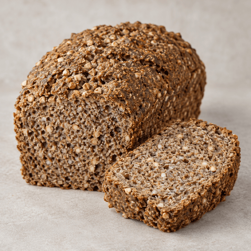 A dense, rustic brown loaf with a coarse, slightly crumbly surface and visible pale buckwheat groats, shown whole beside a thick slice.