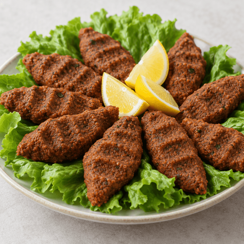 İnce dokulu, kırmızımsı kahverengi bulgur karışımı parmak izli oluklar bırakılarak uçları sivri oval parçalar hâlinde şekillendirilmiş; yeşil marul yapraklarının yanında limon dilimleriyle sunulmuştur.