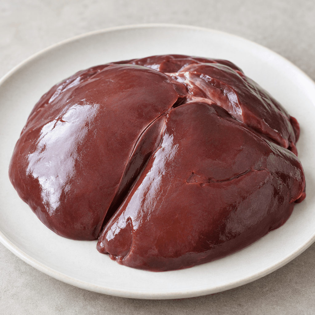 Raw lamb liver appears as a glossy, deep reddish-brown organ with a smooth, taut surface, rounded lobes and a few shallow grooves, resting whole or in thick cut pieces on a plate.
