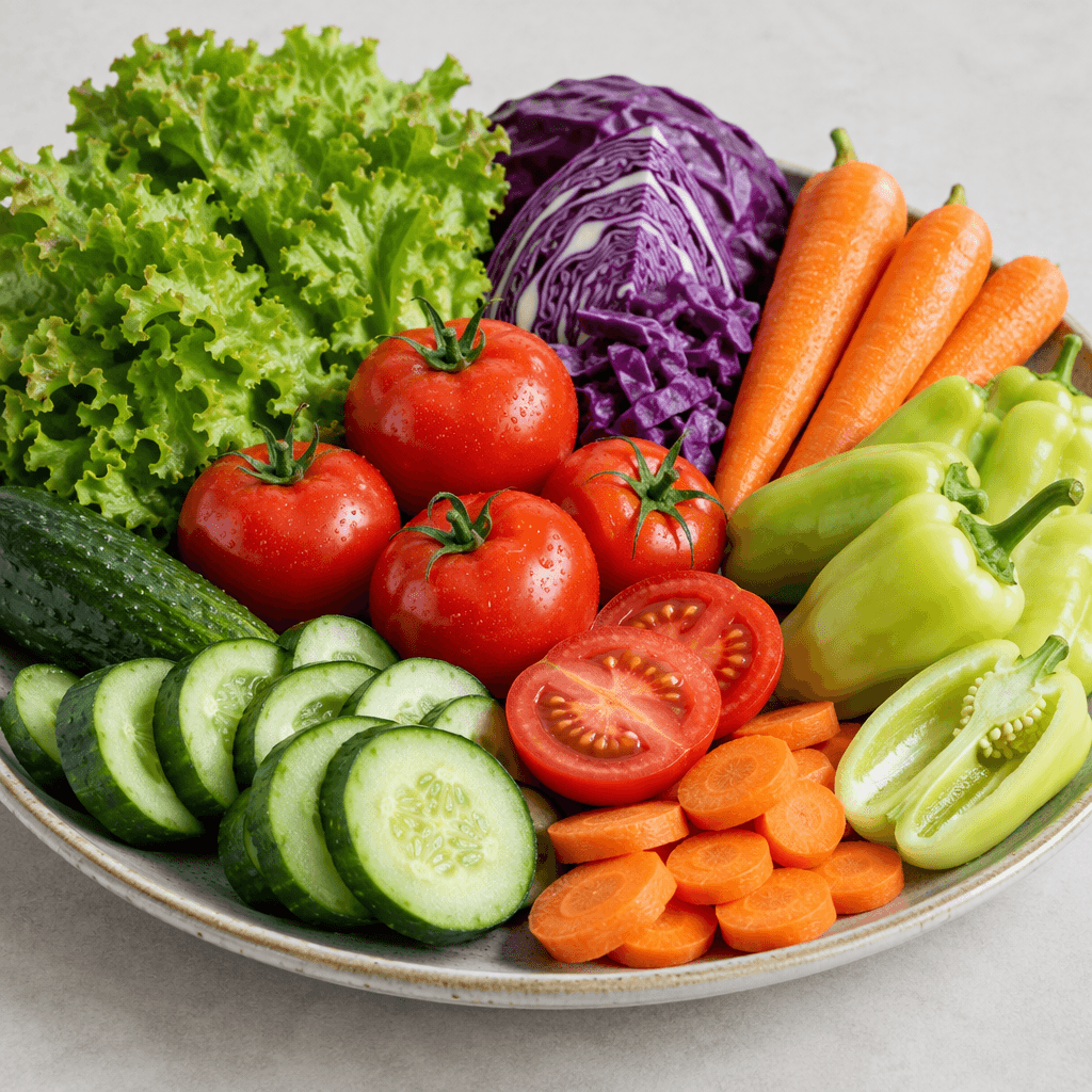 A colorful assortment of whole and cut raw vegetables arranged on a serving platter, including glossy red tomatoes, crisp green cucumbers, leafy lettuce, orange carrots, purple cabbage, and pale green peppers, with fresh, firm textures and cleanly sliced surfaces.