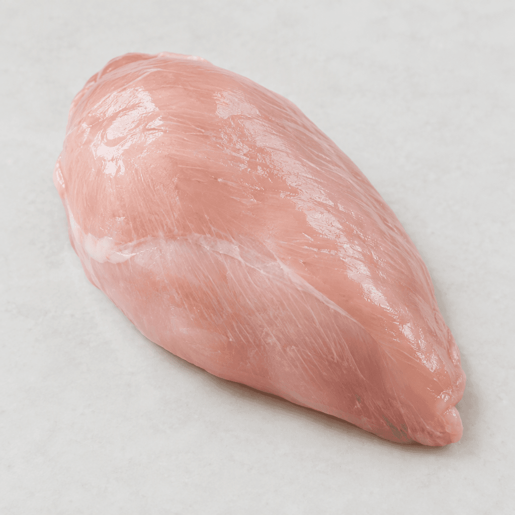 A raw, boneless chicken breast is a pale pink, thick rounded fillet tapering to a thinner end, with a smooth, slightly glossy moist surface and faint visible muscle fibers.