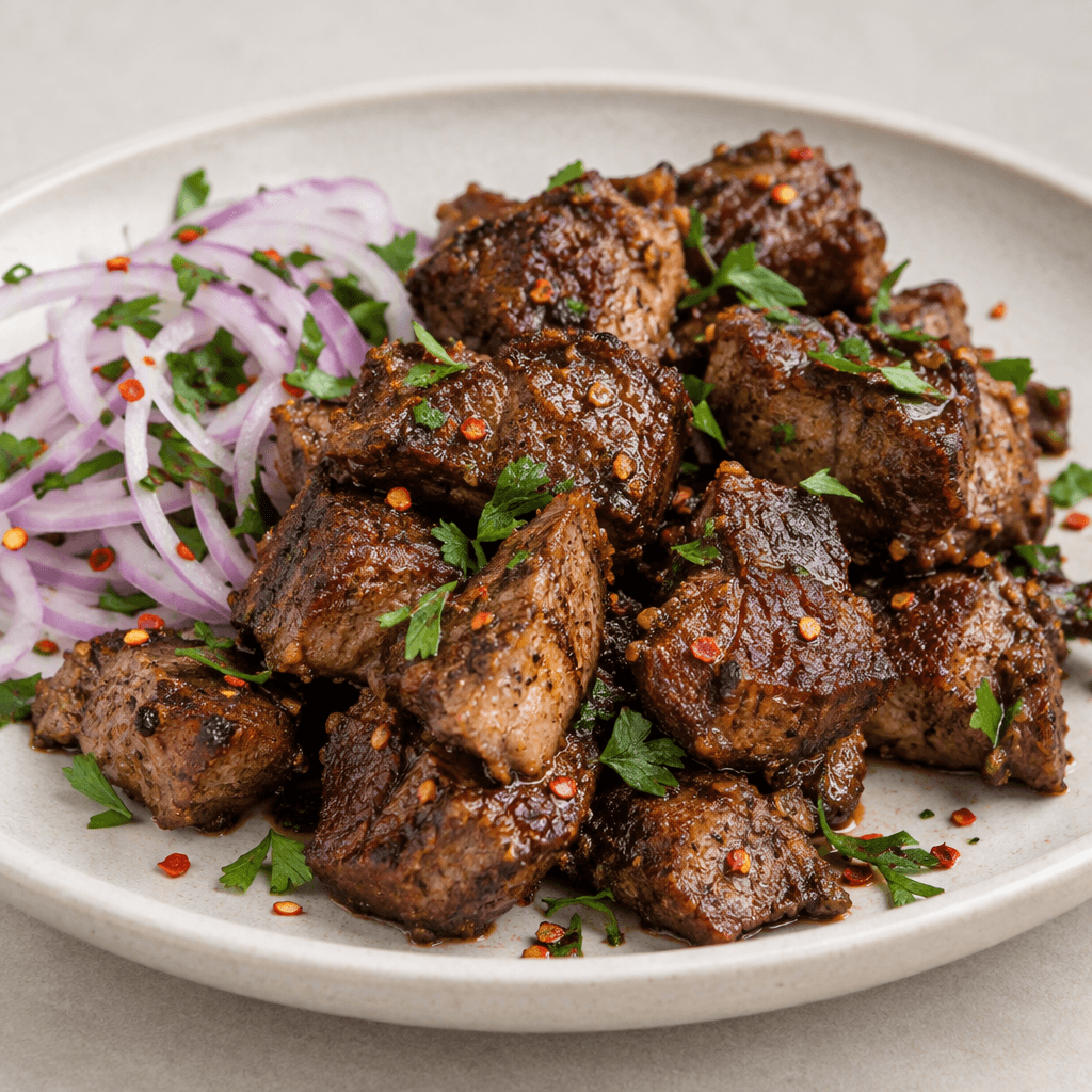 Irregular bite-sized pieces of liver with a crisp-looking deep reddish-brown exterior are piled on a plate beside thinly sliced red onion, chopped parsley, and scattered red pepper flakes.