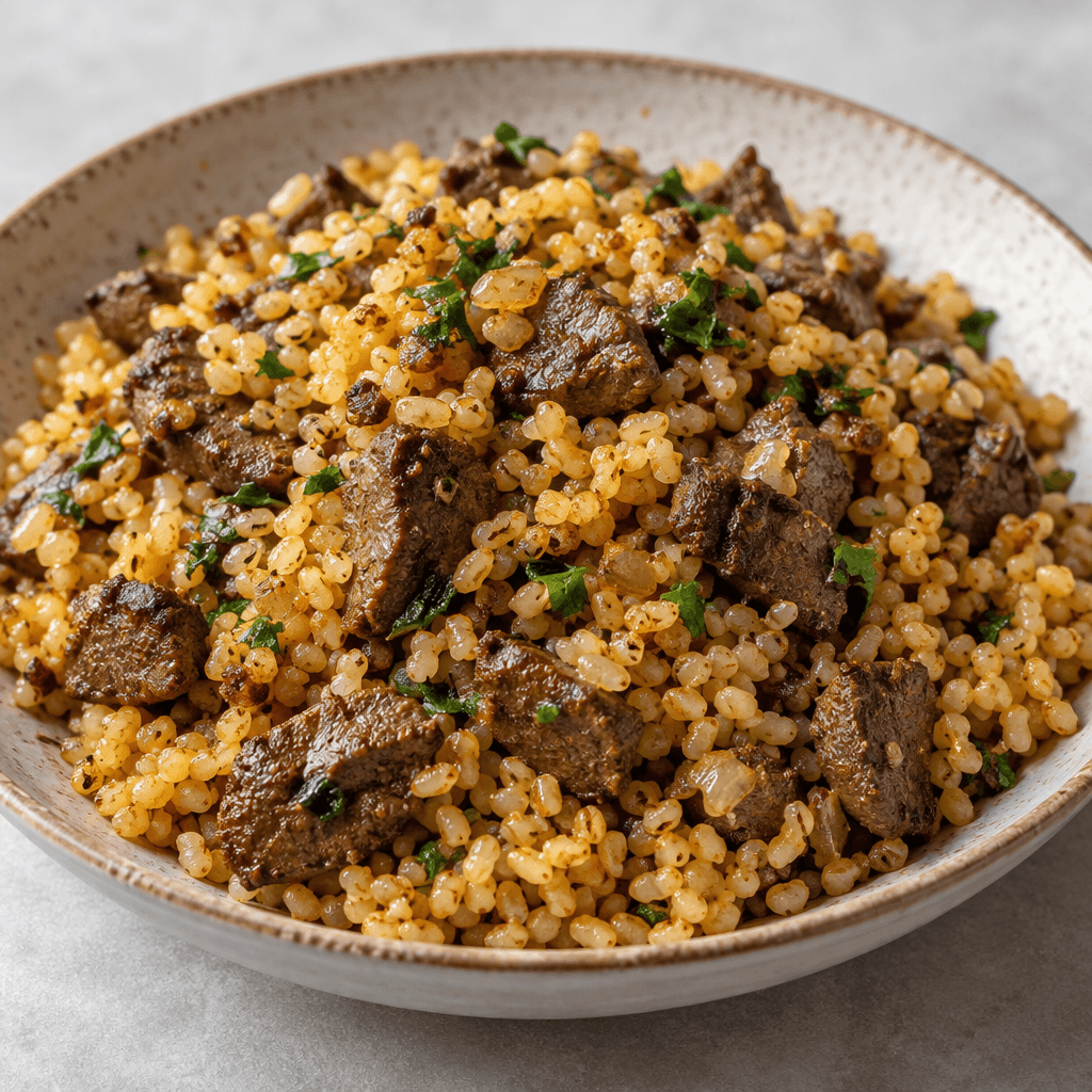 Altın kahverengi bulgur taneleri küçük, koyu kahverengi ciğer parçalarıyla karışık hâlde sığ bir tabakta servis edilir.