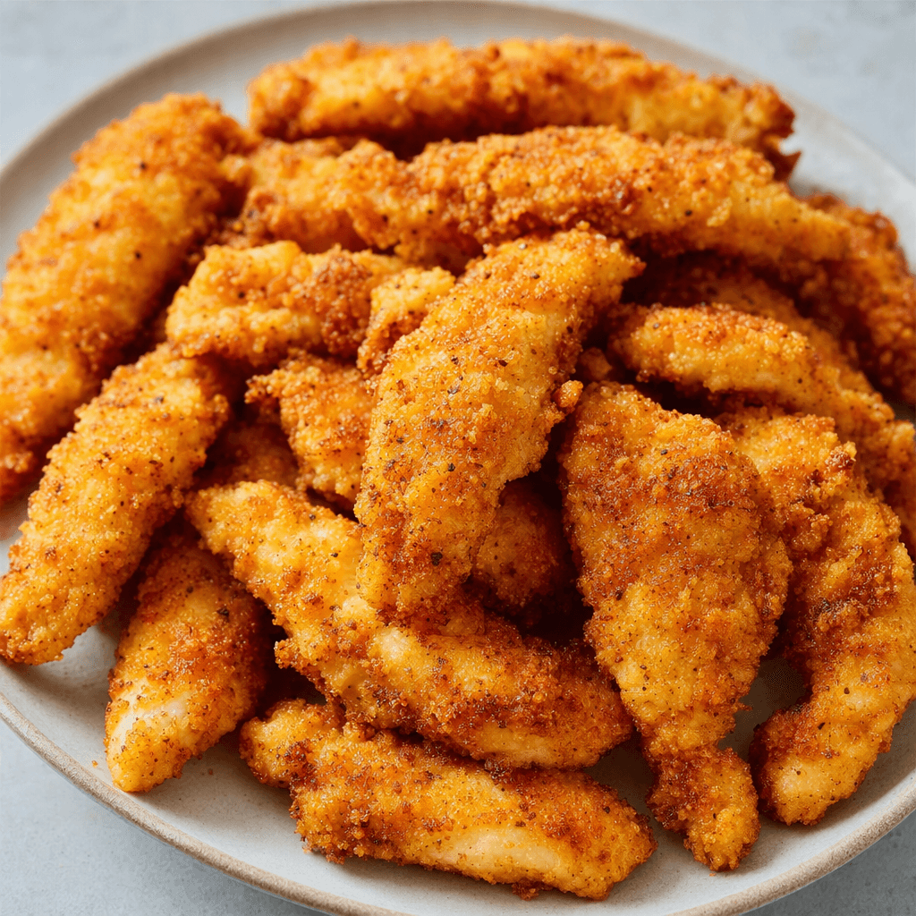 Golden-brown, irregular strips of chicken with a coarse, crisp-looking crumb coating are arranged on a plate.