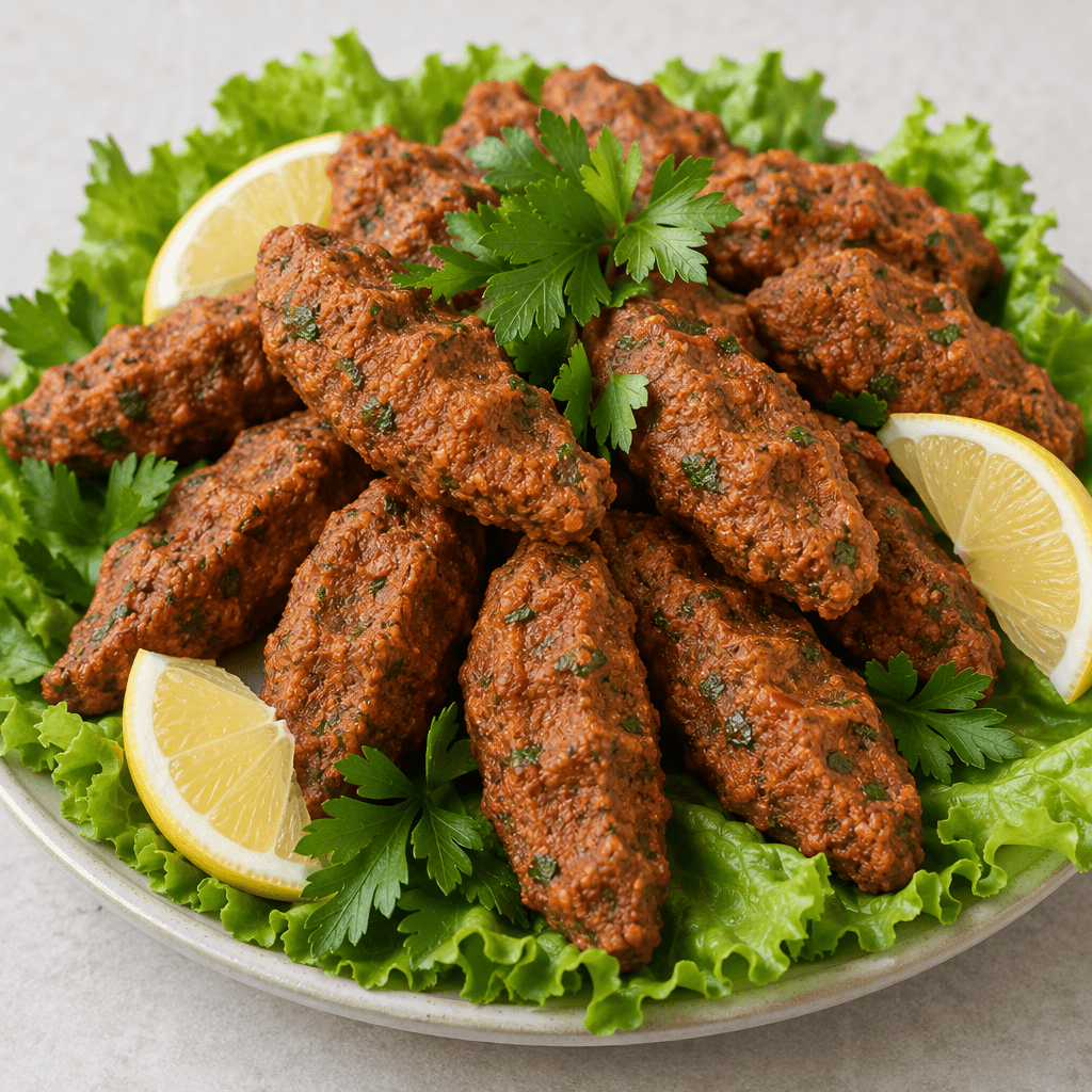 Finger-shaped portions of finely cracked bulgur mixed with red pepper and tomato pastes, herbs and spices, reddish-brown with a moist, slightly coarse texture and ridged hand-pressed surfaces, arranged on green lettuce leaves with lemon wedges and fresh parsley.