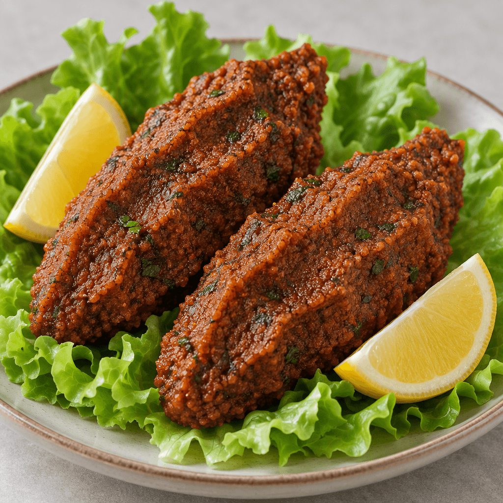 Two generous portions of deep reddish-brown bulgur mixture are shaped into compact, tapered pieces with fine ridges and a moist, grainy surface, served with crisp green lettuce and lemon wedges.