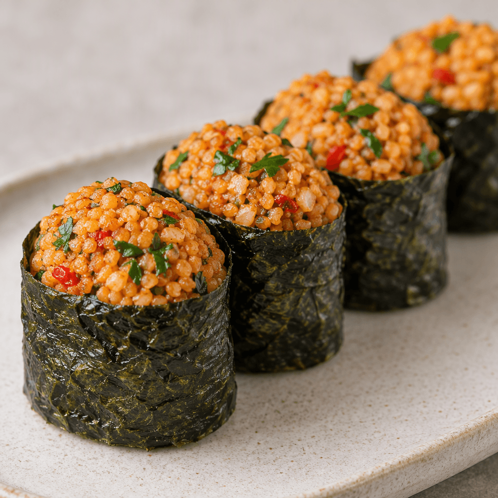 Small rounds of finely grainy, reddish-orange bulgur mixture are wrapped in dark green seaweed sheets and arranged in a neat row.