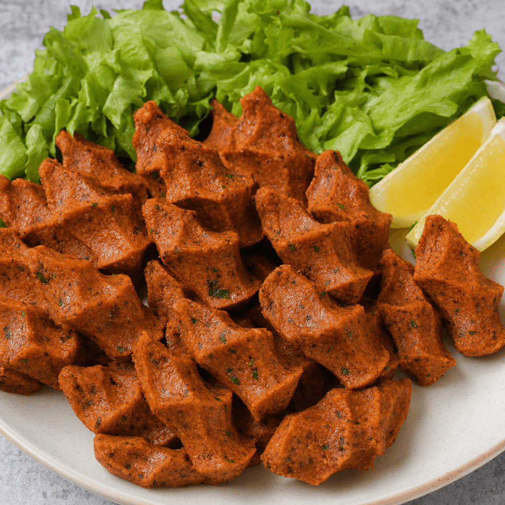 Kırmızımsı kahverengi bulgur köfteleri kısa, uçları sivri ve parmak izli parçalar hâlinde tabağa dizilmiş; yanında yeşil marul yaprakları ve limon dilimleri bulunuyor.