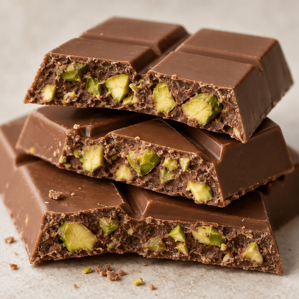 A smooth brown chocolate bar is broken into pieces, revealing pale green pistachio bits scattered through its firm interior.
