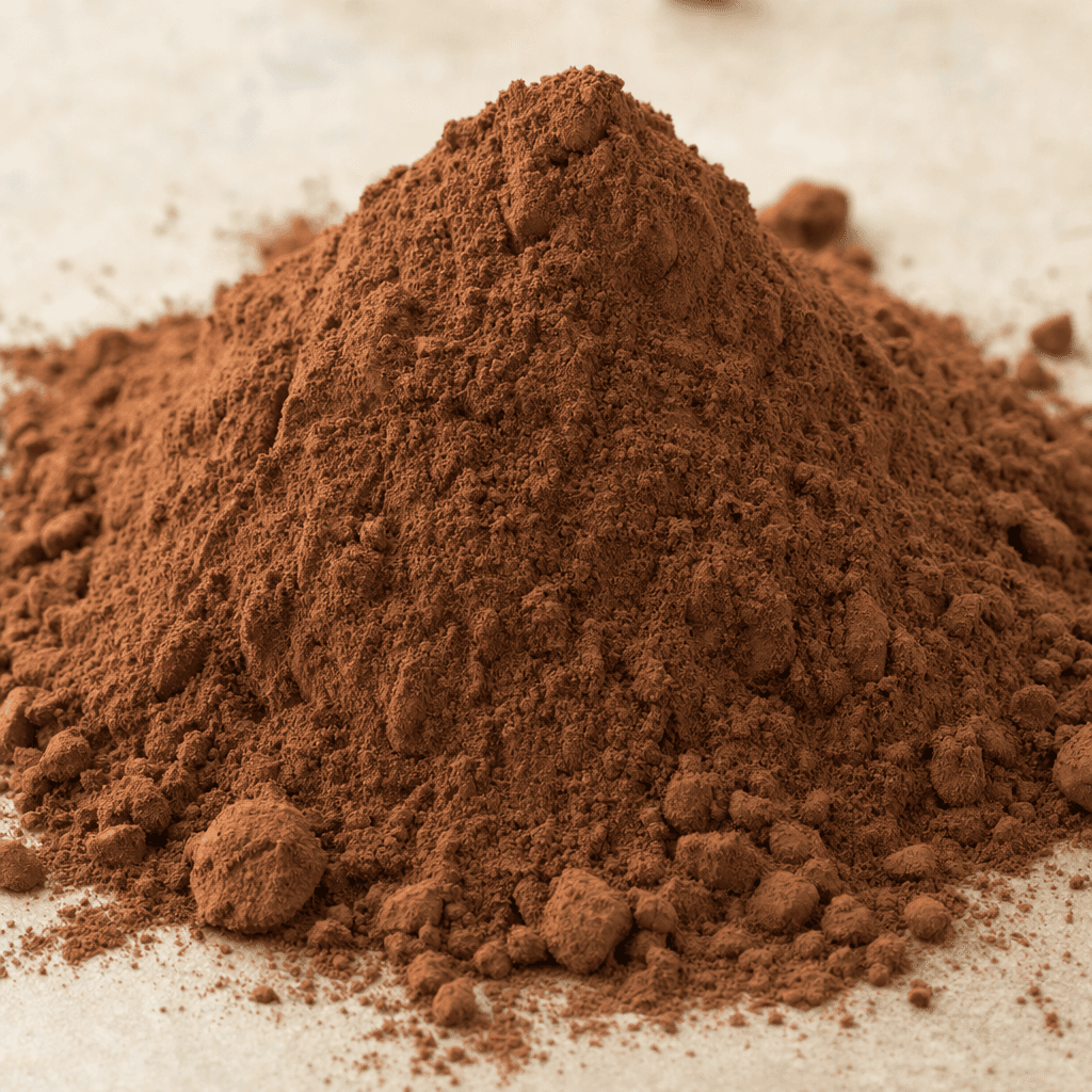 Fine, cocoa-brown powder with a soft, slightly clumpy texture, gathered in a loose mound.