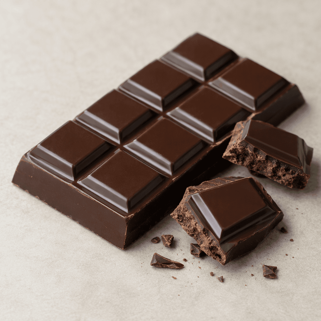 A rectangular chocolate bar with a smooth, glossy dark-brown surface divided into neat raised segments, with a few broken pieces showing a dense brown interior, arranged on a plain surface.