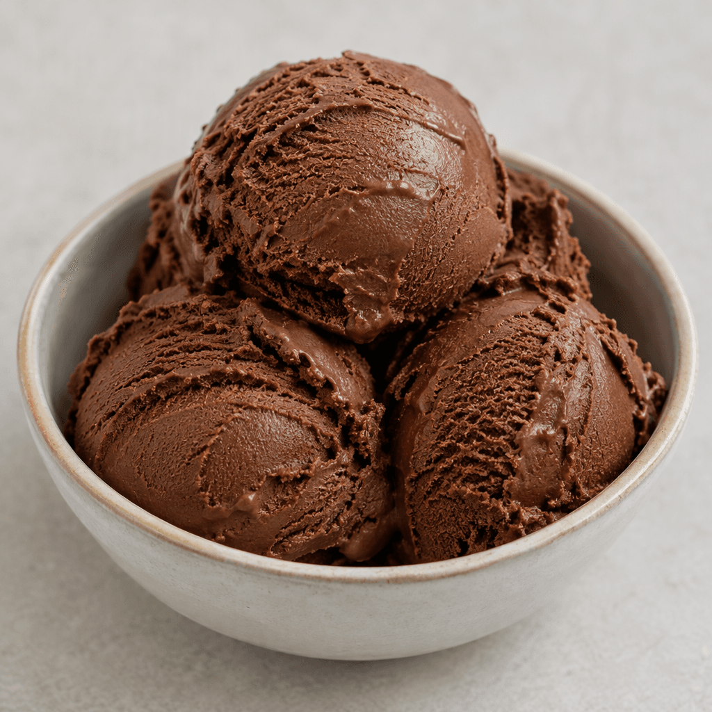 Several rounded scoops of dark brown chocolate ice cream sit in a small bowl, with a smooth, dense, creamy surface and soft ridges left by the scoop.