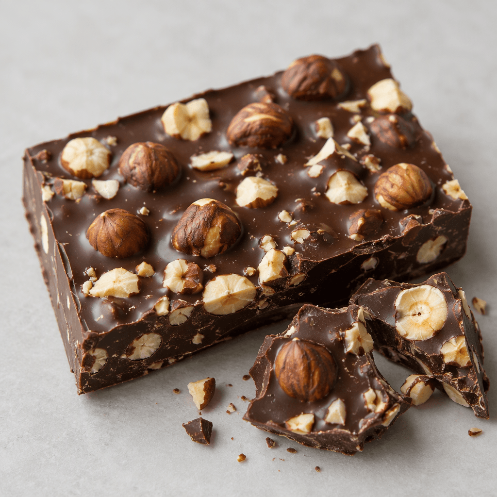 A slab of deep brown chocolate with a smooth, slightly glossy surface, visibly studded with whole and roughly chopped hazelnuts, with a few irregular broken pieces beside it.
