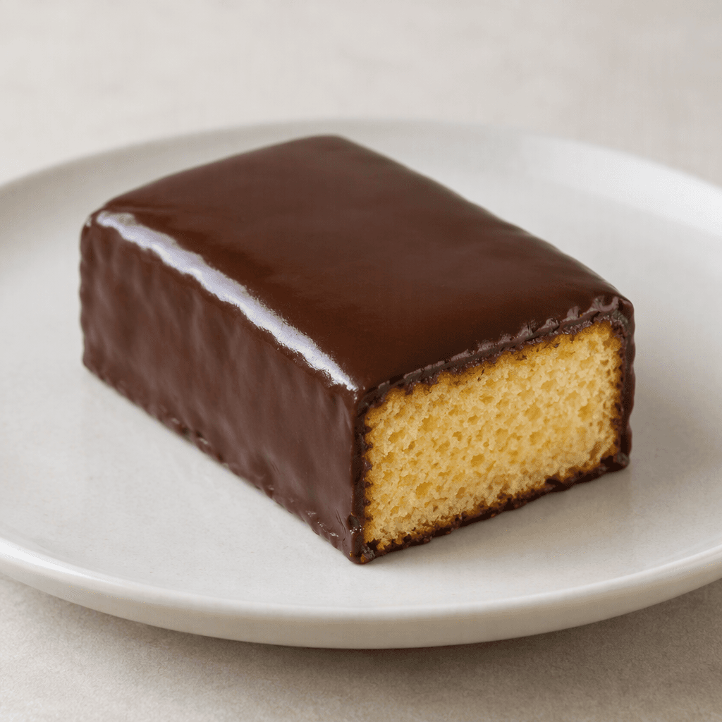 A small rectangular sponge cake is fully covered in a smooth, glossy dark-chocolate coating, with a clean-cut edge revealing a light golden crumb beneath, served on a plain plate.