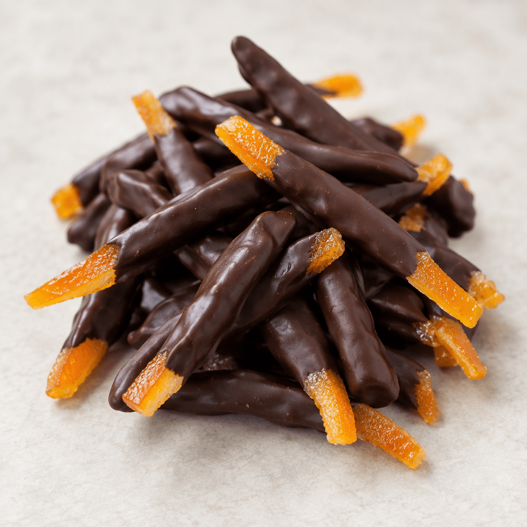 Slender strips of bright orange peel, coated in smooth dark chocolate with a little orange visible at the ends, are arranged in a small pile.