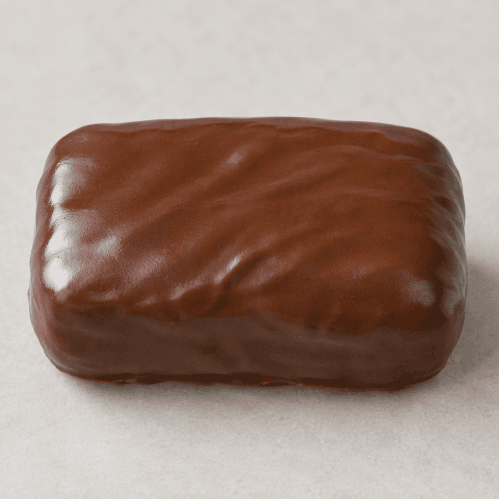 A compact, rectangular bar with rounded edges is covered in a smooth, glossy brown chocolate coating, with a few subtle ripples across its surface.