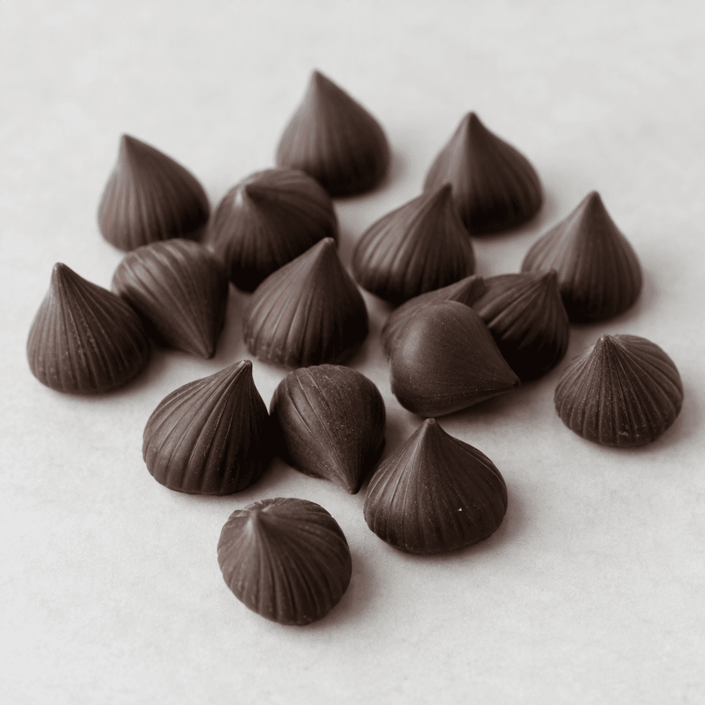 Small, teardrop-shaped dark brown chocolate pieces with slightly ridged sides and a smooth, matte surface, scattered loosely on a plain light surface.