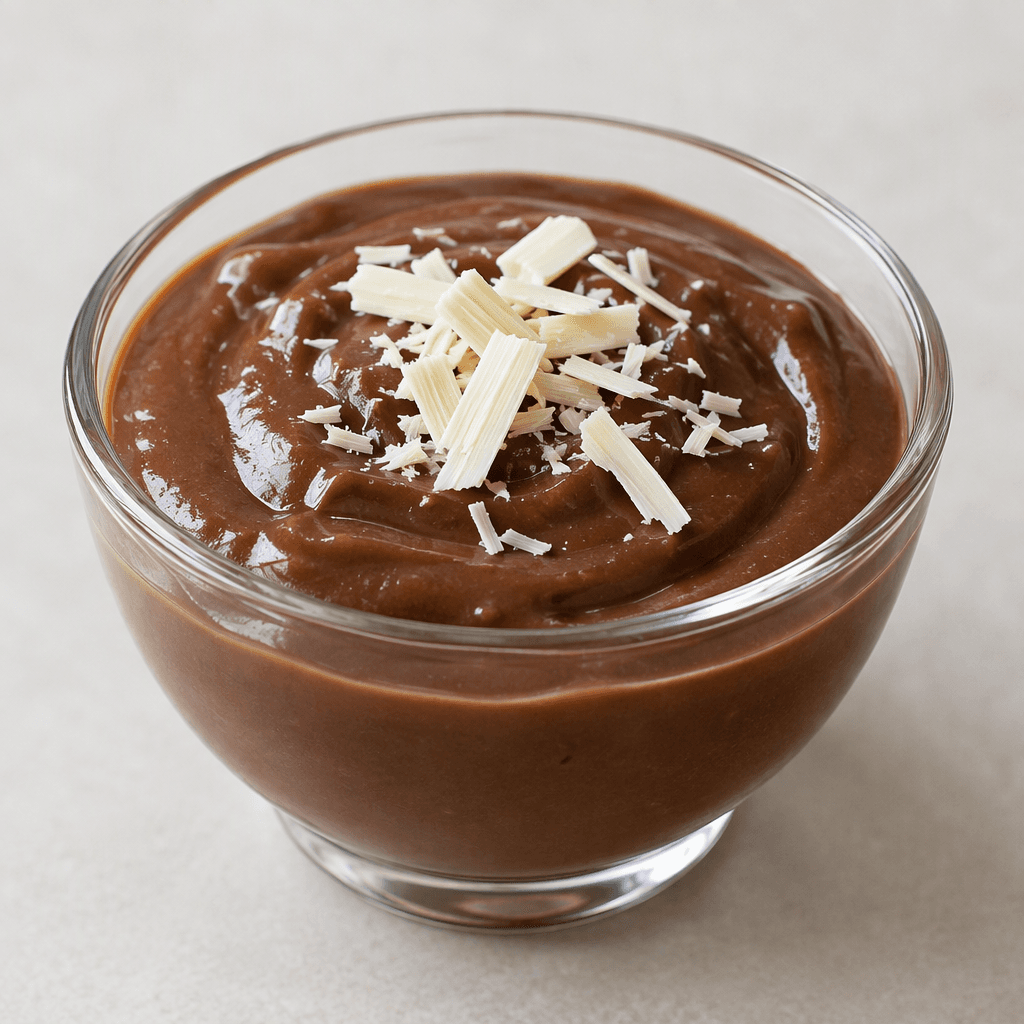 A smooth, glossy dark-brown custard with a thick, softly set texture, portioned into a small glass bowl and topped with a few pale chocolate shavings.