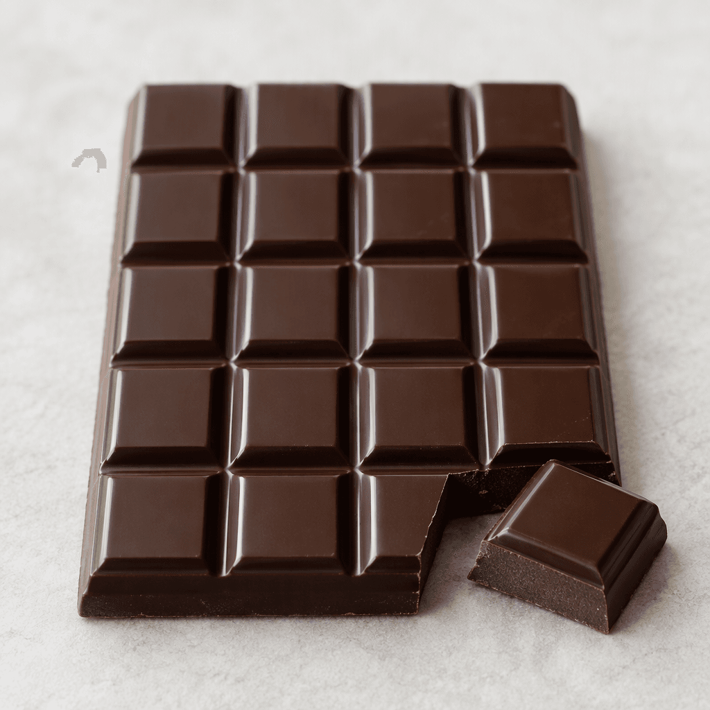 A glossy dark-brown rectangular chocolate bar divided into neat raised squares, with one small piece broken off to reveal a smooth, solid interior.
