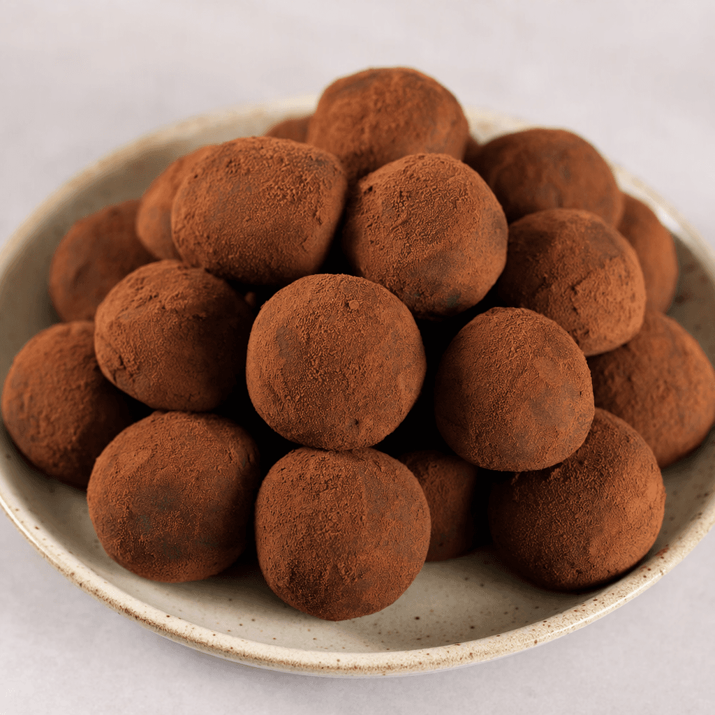 Small, round chocolate balls with slightly uneven shapes and a matte, velvety coating of dark cocoa powder are arranged on a plate.