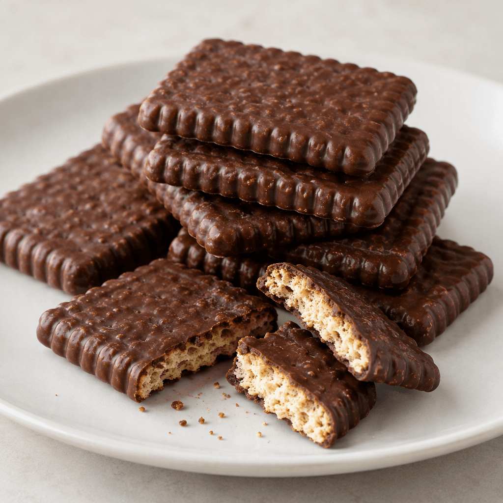Several rectangular chocolate biscuits with dark brown, slightly glossy surfaces, crisp ridged edges, and a crumbly texture are stacked and arranged on a plain plate, with a few broken pieces showing a pale, porous interior.