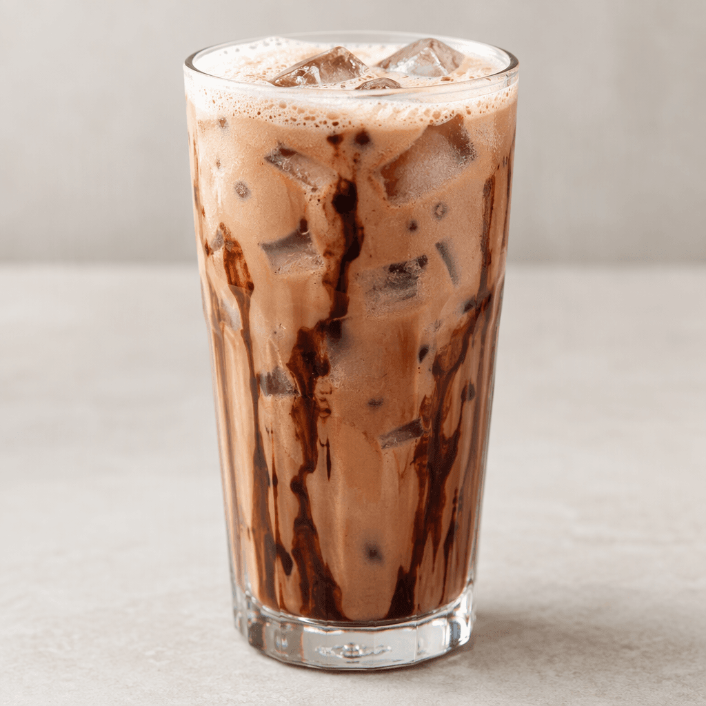 A tall clear glass holds a creamy light-brown drink over visible ice cubes, with darker chocolate streaks running down the inside and a thin layer of pale foam on top.
