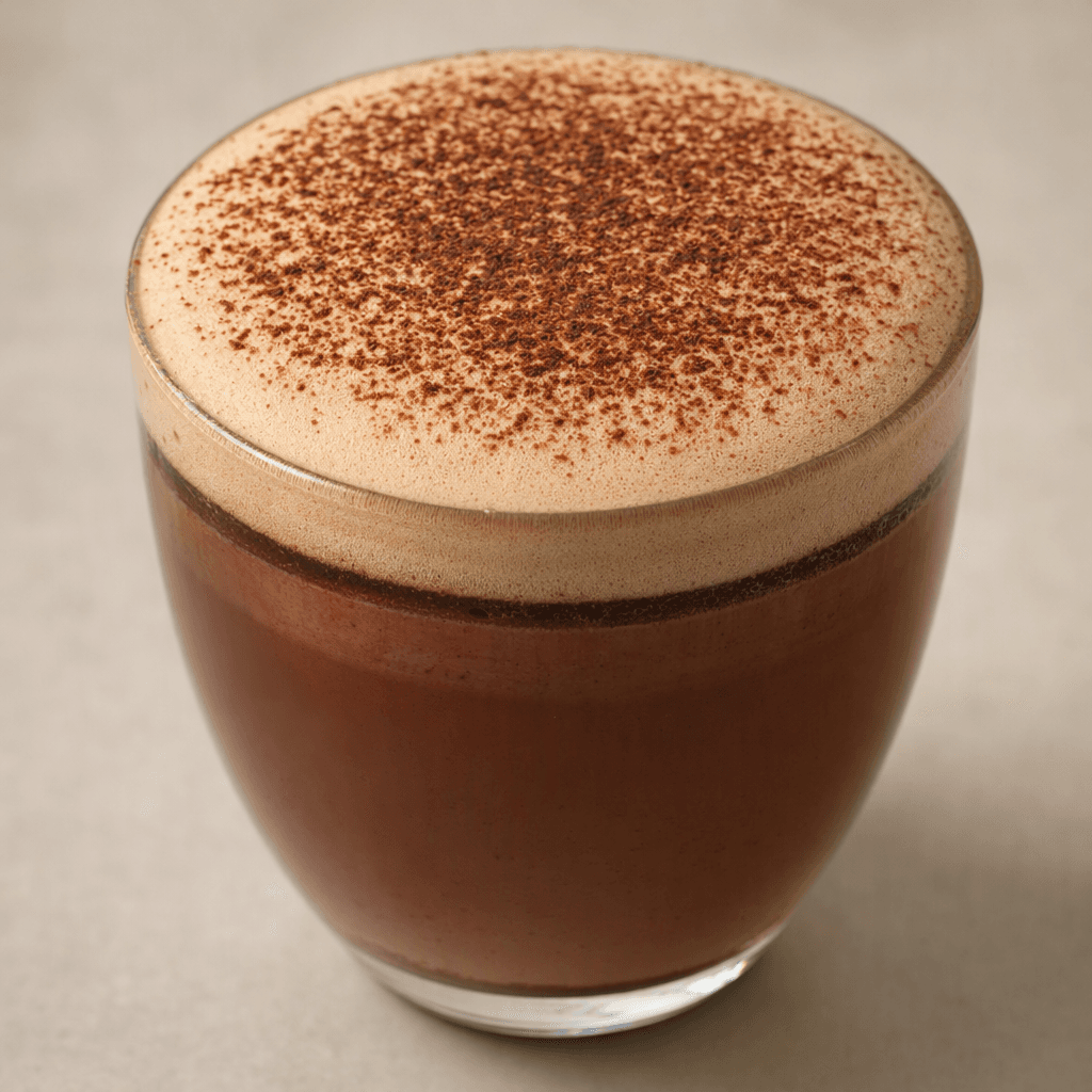 Fincandaki çikolatalı cappuccinonun üzerinde ince kahverengi çikolata tozuyla kaplı açık renkli, köpüklü bir tabaka; altında ise koyu kahverengi kahve görülür.
