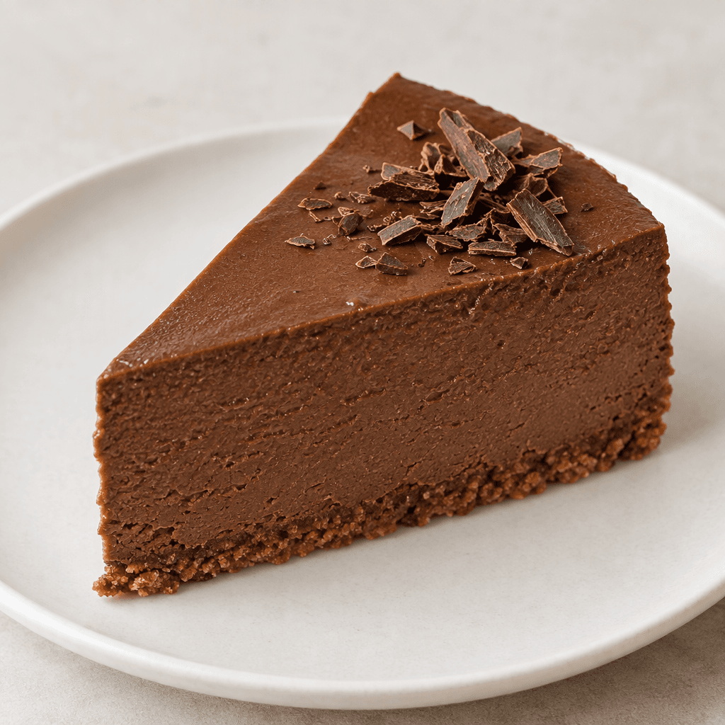 A round chocolate cheesecake with a smooth dark-brown surface, a dense creamy texture, and a thin crumb crust visible along the bottom edge, served as a wedge on a plain plate with a few chocolate shavings on top.