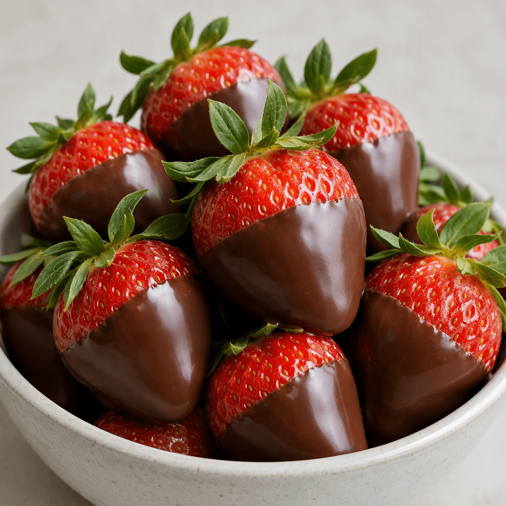 Bright red strawberries are partly coated in smooth, glossy chocolate, with their green leafy tops visible.