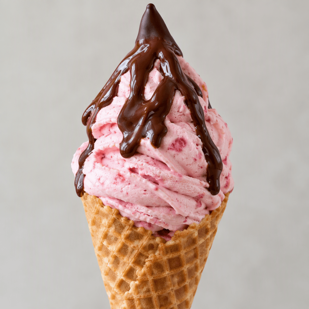 Pink strawberry ice cream swirled in a crisp, golden waffle cone, with glossy chocolate sauce drizzled over the top and a dark chocolate tip.