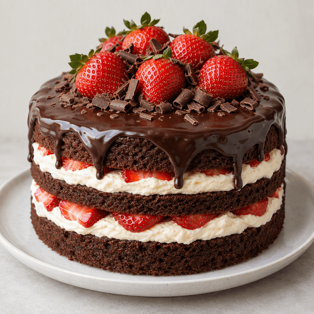 A round chocolate cake with several dark brown sponge layers, pale cream filling, and sliced strawberries visible between the layers, topped with glossy chocolate ganache, whole strawberries, and small chocolate shavings on a plate.