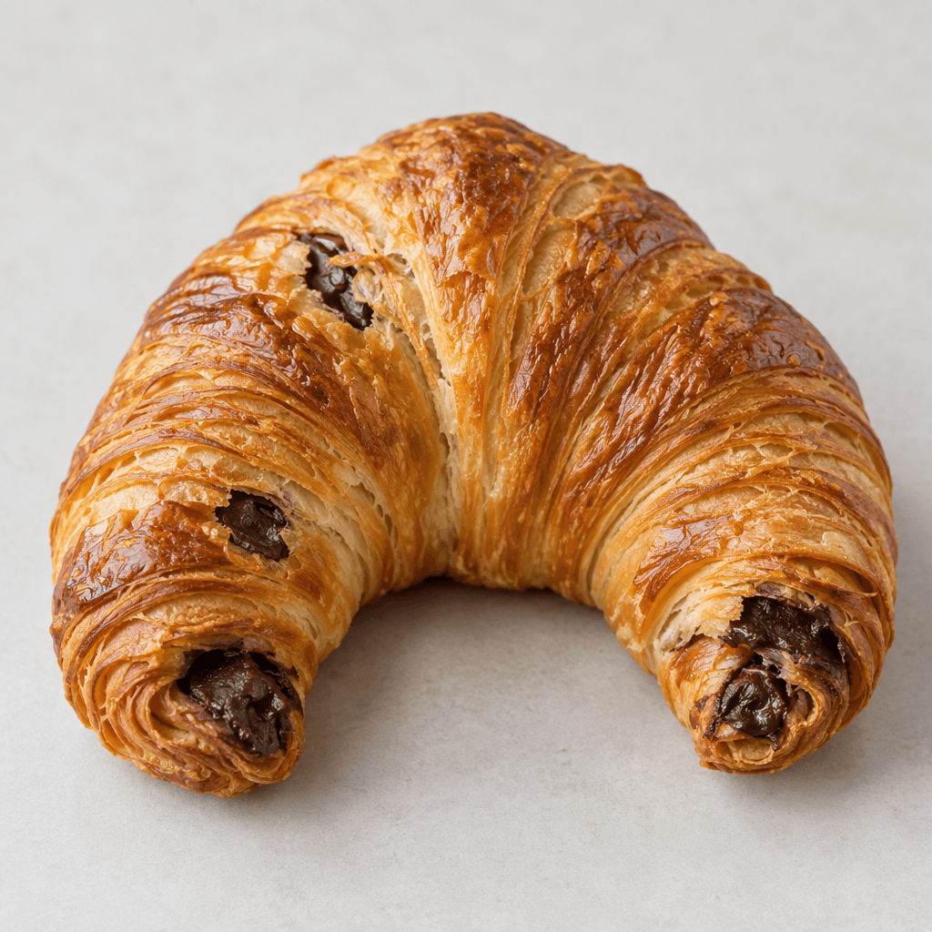 A golden-brown, crescent-shaped laminated pastry with crisp, visibly layered flakes and dark chocolate filling showing through the open ends and a few breaks in the surface.
