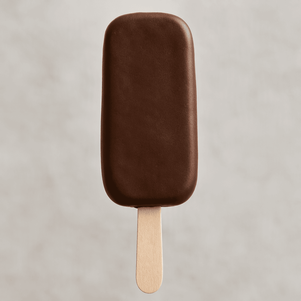 A slim rectangular ice cream bar with softly rounded corners, covered in a smooth dark-brown chocolate shell and held upright on a plain wooden stick, with a clean unbroken surface.