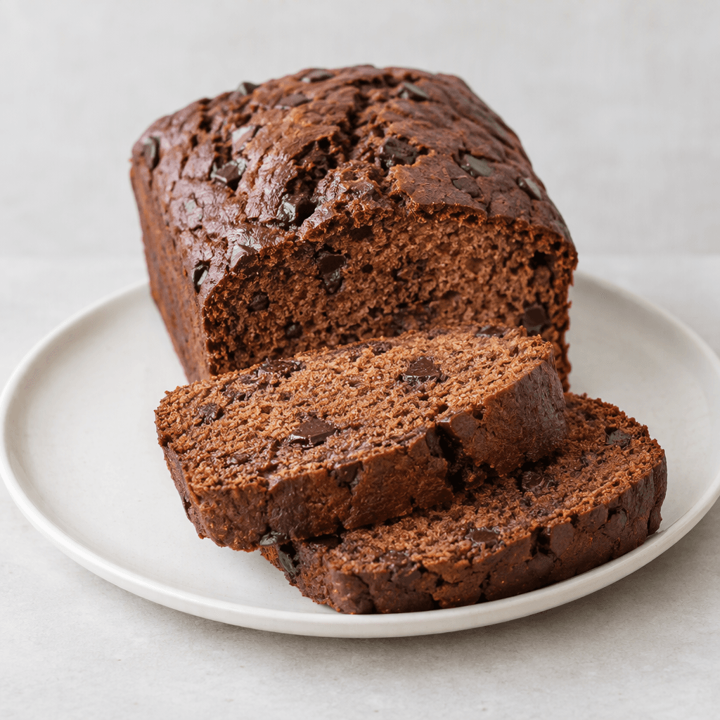 A deep brown, rectangular sweet loaf with a soft, fine-textured crumb and scattered dark chocolate pieces, cut into thick slices and arranged on a plain plate.