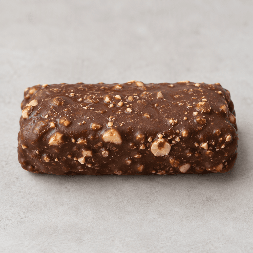 A compact rectangular protein bar with rounded corners, a dark chocolate-brown coating, and a slightly uneven surface showing scattered hazelnut pieces and fine crumbly texture; it is presented whole on a plain neutral surface.