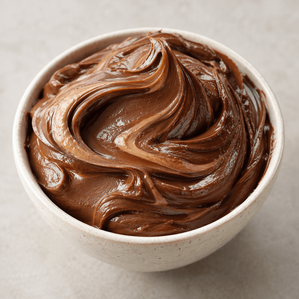 A glossy, thick chocolate-brown spread with a smooth, creamy texture, mounded in a small bowl and streaked with lighter brown swirls.