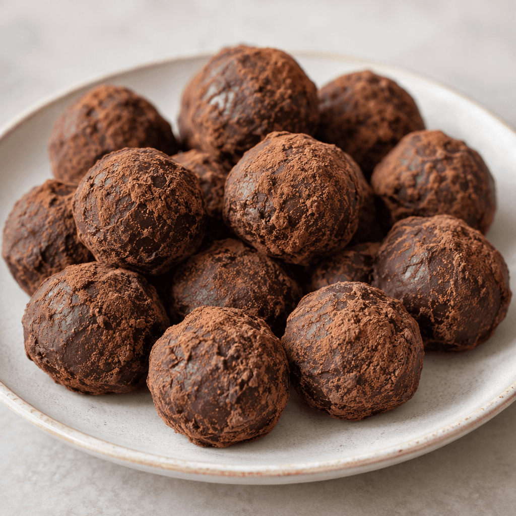Small, bite-sized chocolate-brown balls with rounded, slightly uneven surfaces, arranged together on a plate.