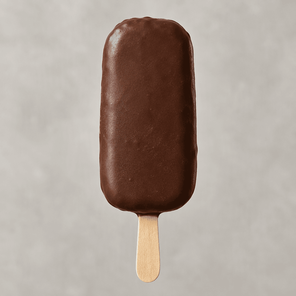 A rectangular ice cream bar with rounded corners, coated in a smooth, dark-brown chocolate shell and held on a short wooden stick.