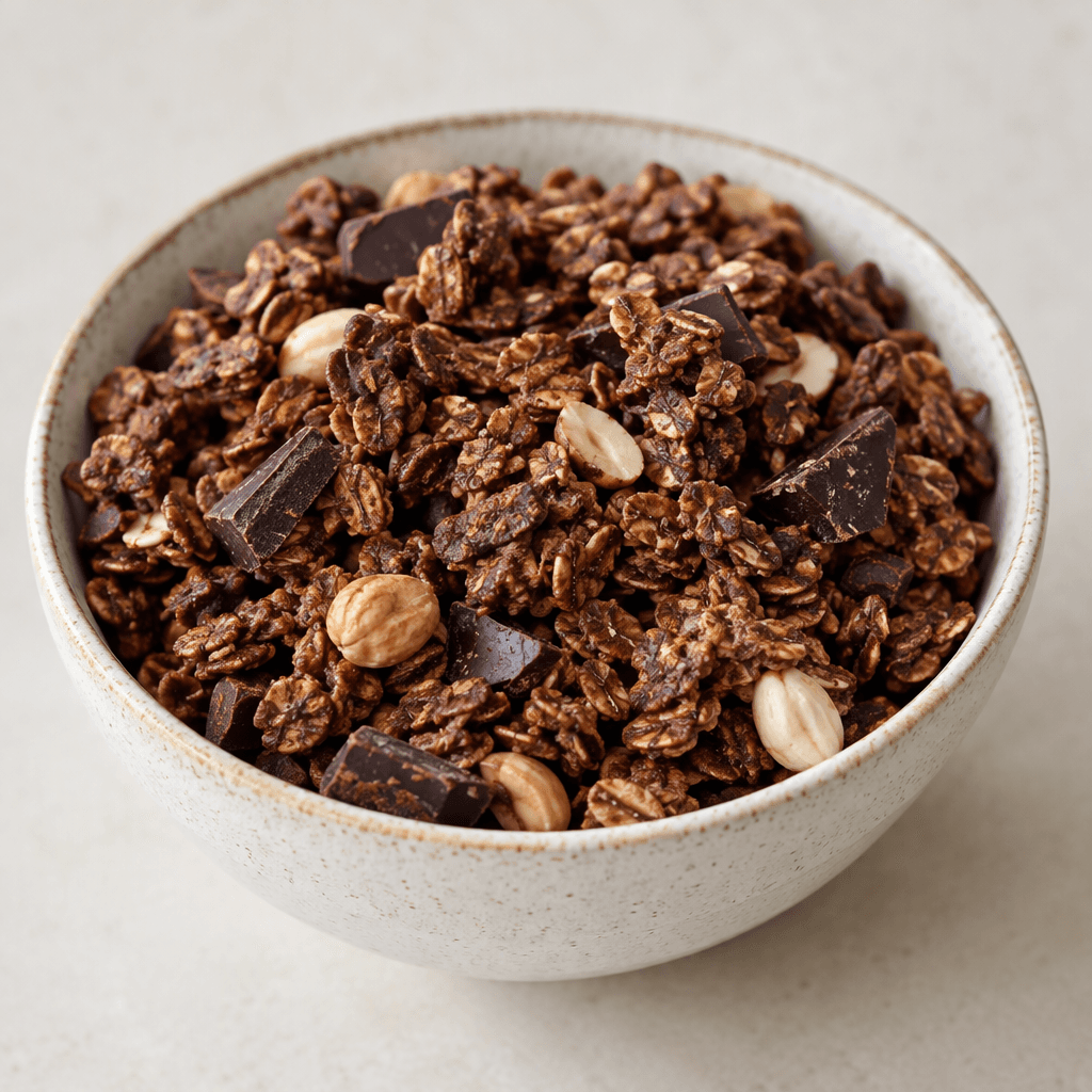 Loose clusters of toasted rolled oats in a deep cocoa-brown color, with scattered dark chocolate pieces and a few pale nuts, served in a bowl.