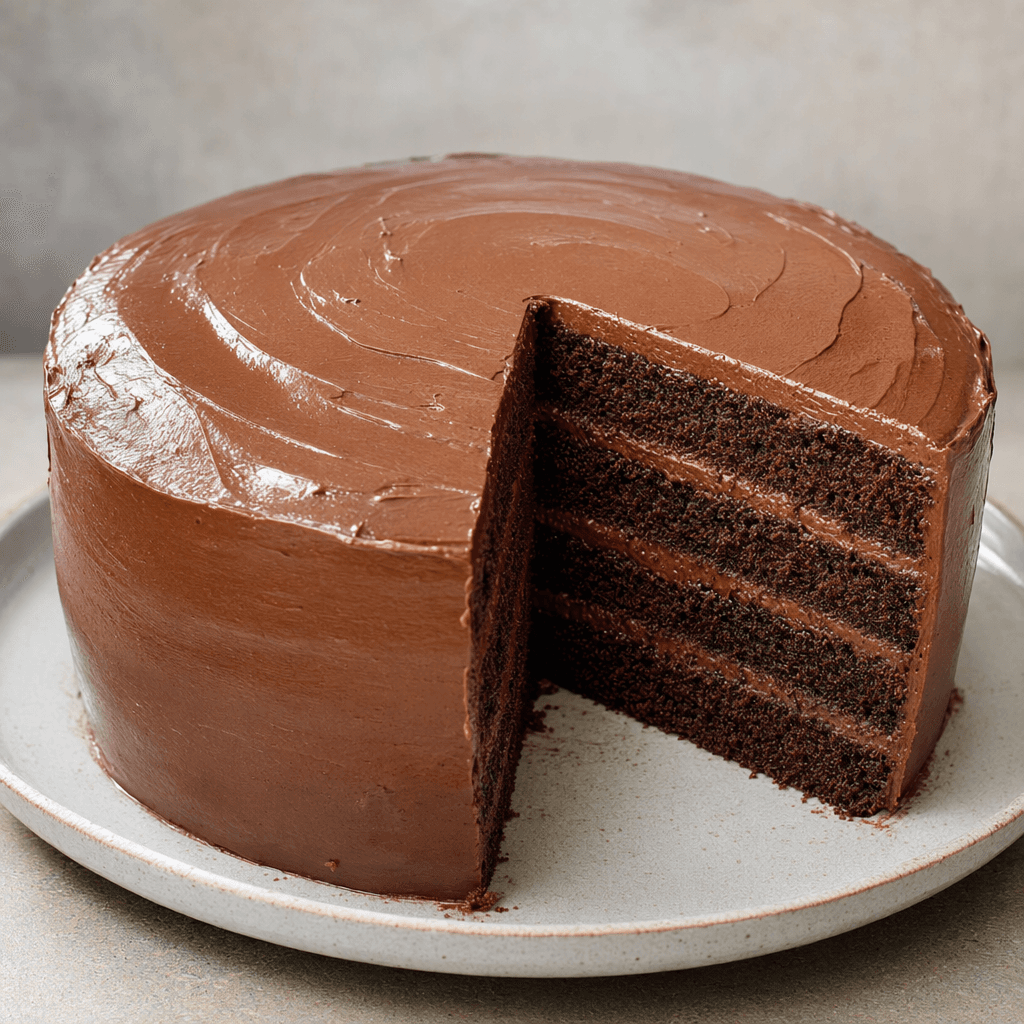 A round cake with several dark brown sponge layers separated and coated with thick chocolate frosting, its sides and top covered in a smooth, slightly glossy layer and cut into a wedge on a plate.