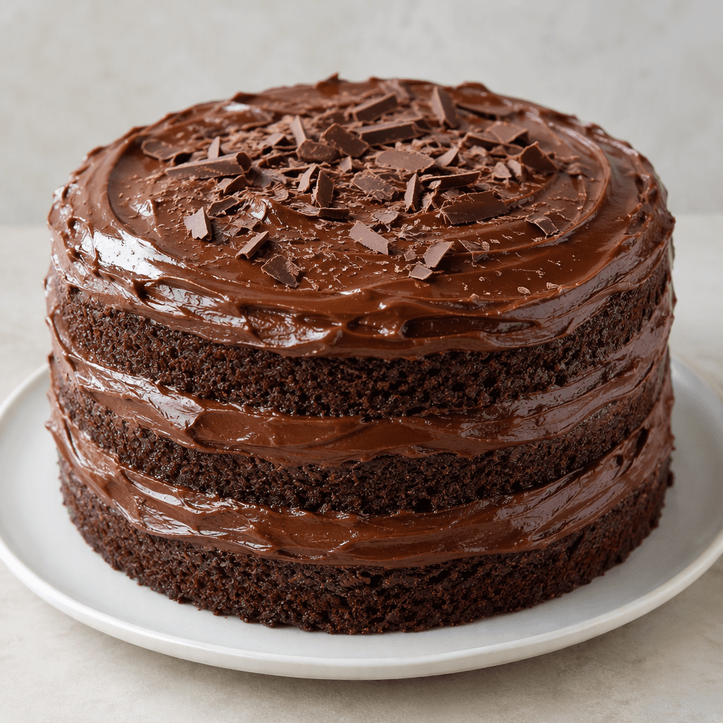 A round chocolate cake with several dark brown sponge layers, thick glossy chocolate frosting between the layers and over the top and sides, and a few chocolate shavings scattered on top, served on a plain plate.