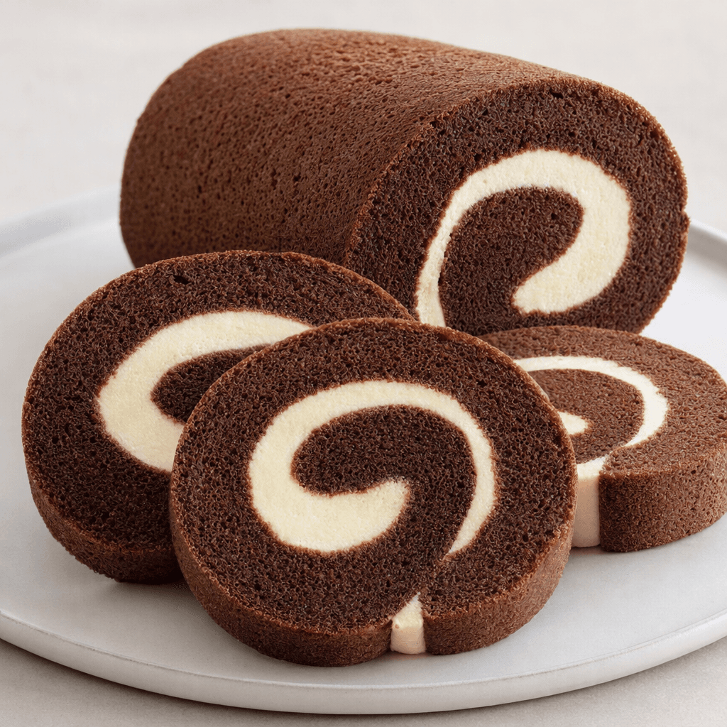 A chocolate-brown sponge cake is rolled into a short log with a pale cream spiral visible at the cut end, and thick slices show the same swirl against the dark, fine-textured cake.