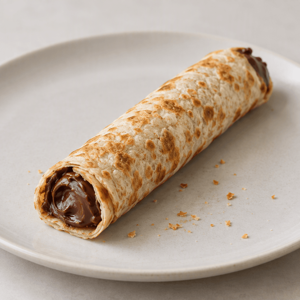 A thin, lightly browned flatbread is rolled around a smooth, dark chocolate filling, with chocolate visible at the open ends and a few crumbs on the plate.