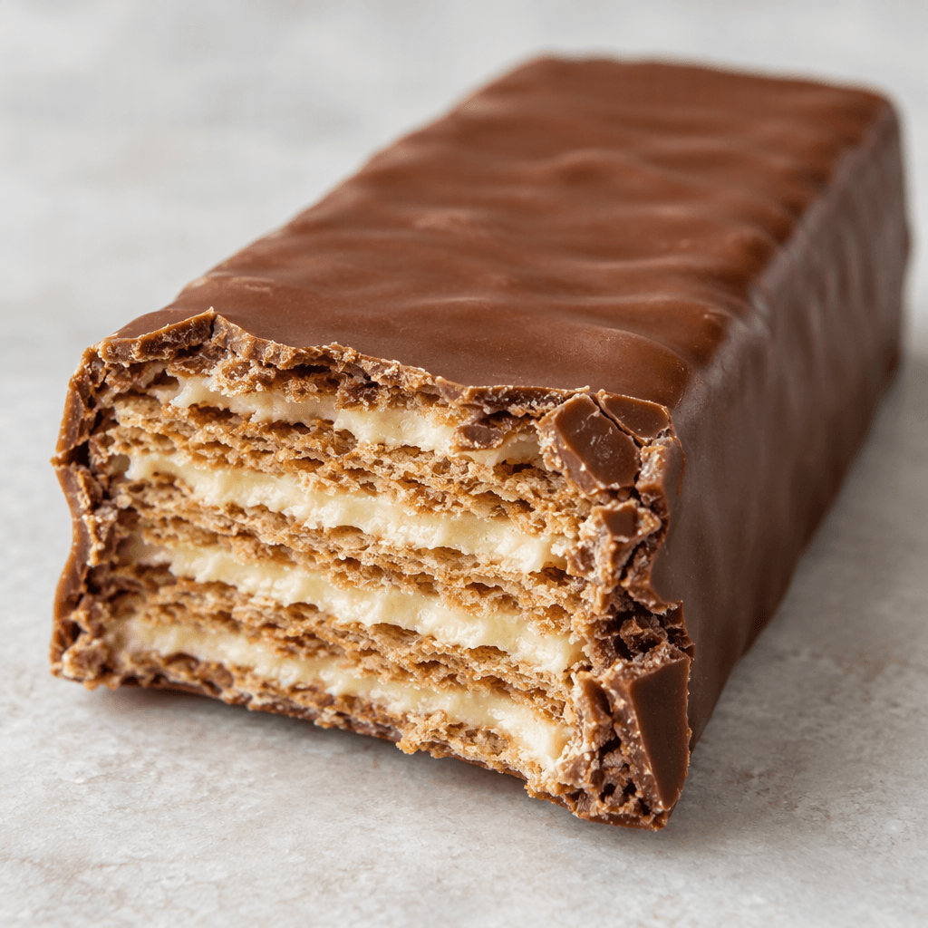 A rectangular bar coated in smooth brown chocolate, with a broken edge revealing thin, crisp wafer layers and pale cream filling.