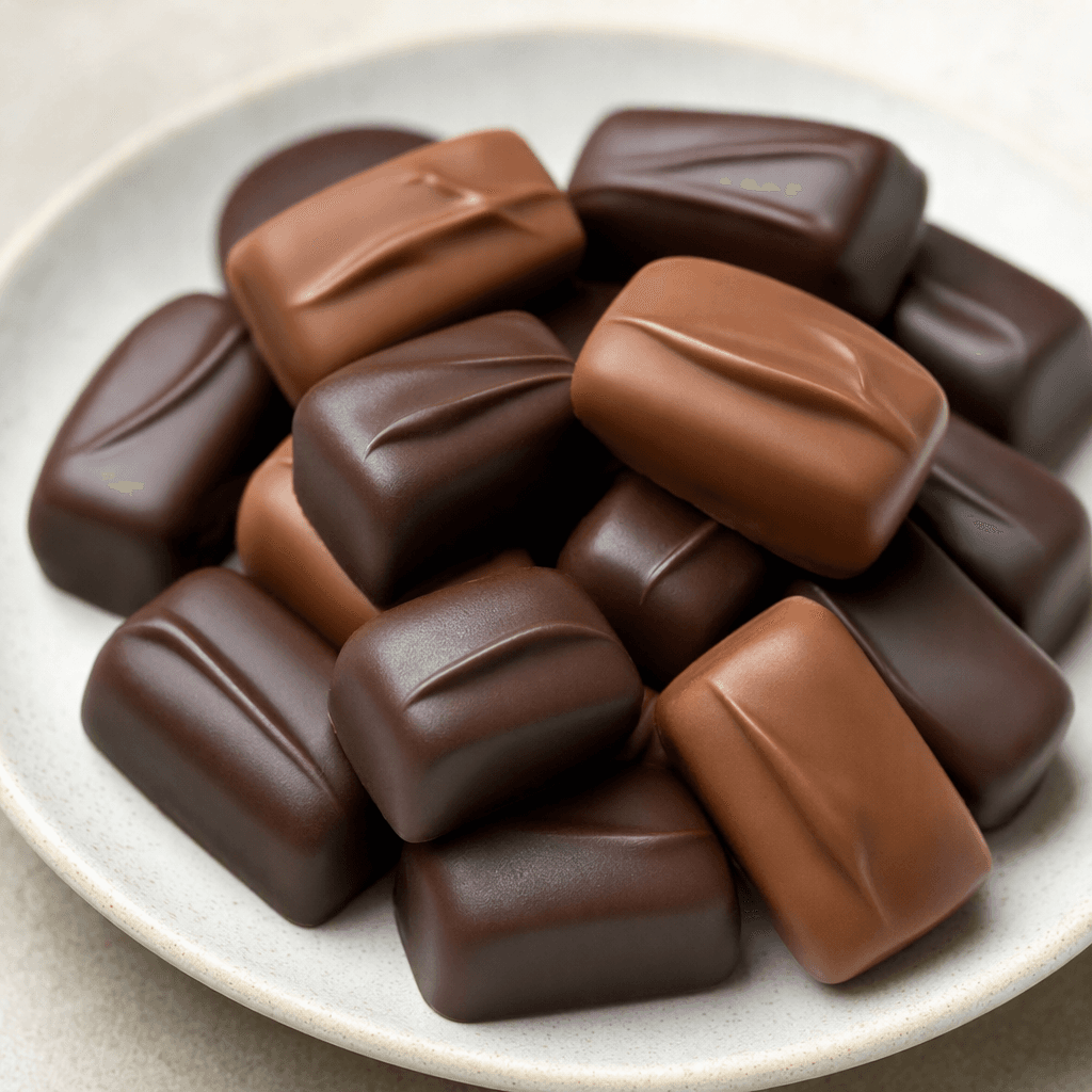 A small assortment of bite-sized rectangular chocolates in light milk-brown and deep brown shades, with smooth surfaces and subtly molded tops.