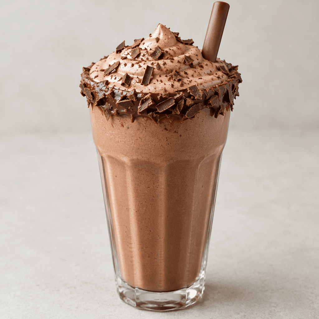 A thick, smooth chocolate-brown milkshake fills a tall clear glass, topped with a soft swirl of pale brown foam and scattered chocolate shavings, with a chocolate-coated rim and a wide straw visible above the surface.
