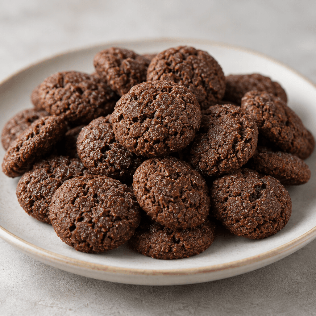 Small, bite-sized chocolate biscuits with a deep brown color and a slightly rough, crisp-looking surface, arranged in a loose pile on a plate.
